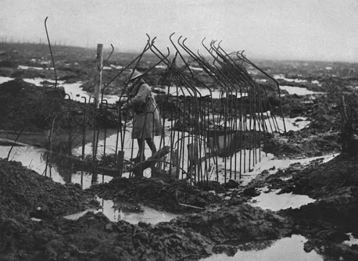Framed Print : British soldier examing framework of pill-box, WW1 Framed Print : British soldier examing framework of pill-box, WW1