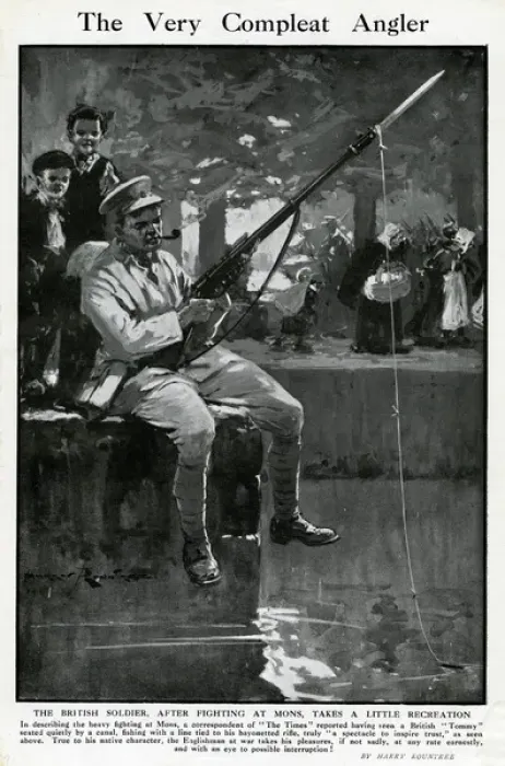 Framed Print : British soldier fishing with bayoneted rifle, WW1 Framed Print : British soldier fishing with bayoneted rifle, WW1
