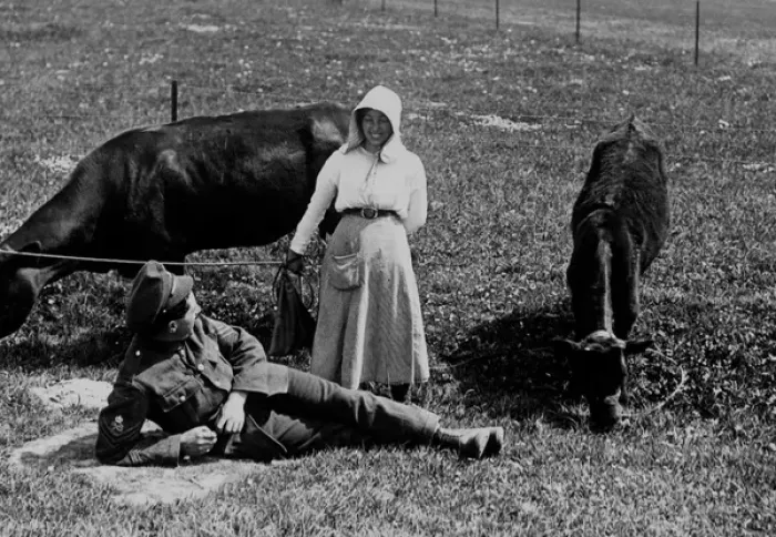 Framed Print : British soldier and local resident, Western Front, WW1 Framed Print : British soldier and local resident, Western Front, WW1