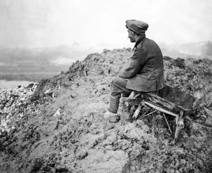 Framed Print : British soldier on muddy hill, Western Front, WW1 Framed Print : British soldier on muddy hill, Western Front, WW1