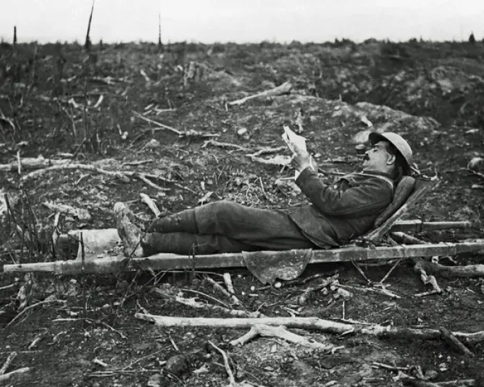 Framed Print : British soldier relaxing on a stretcher, Somme, WW1 Framed Print : British soldier relaxing on a stretcher, Somme, WW1