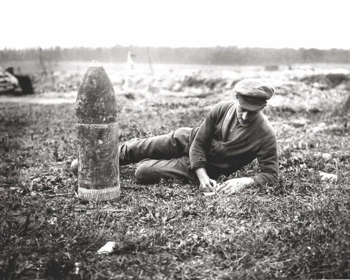 Framed Print : British soldier writing home next to bombshell, WW1 Framed Print : British soldier writing home next to bombshell, WW1