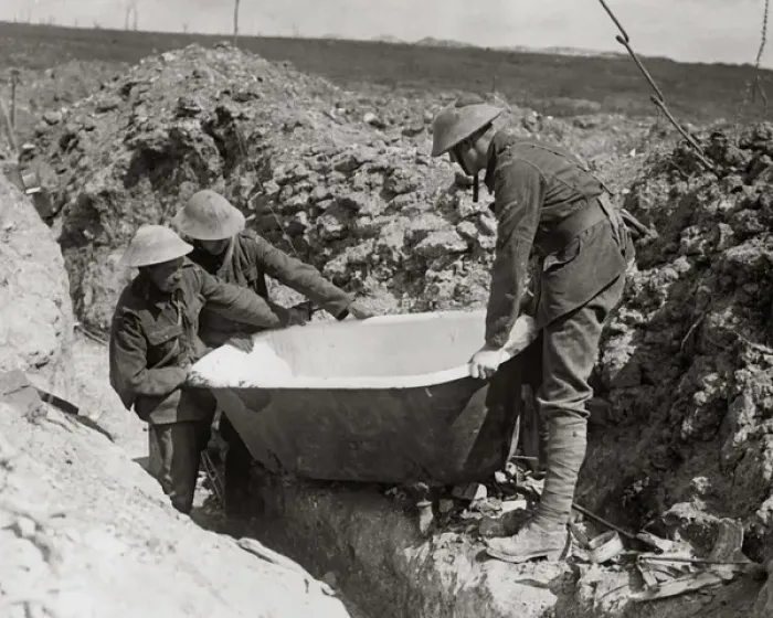 Framed Print : British soldiers find bath in abandoned German dugout, WW1 Framed Print : British soldiers find bath in abandoned German dugout, WW1