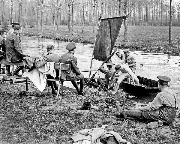 British soldiers boating during rest break, WW1