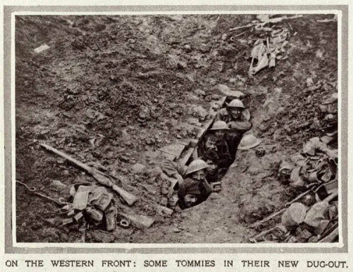 Framed Print : British soldiers in captured dugout, France, WW1