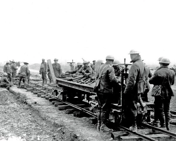 British soldiers constructing light railway, WW1