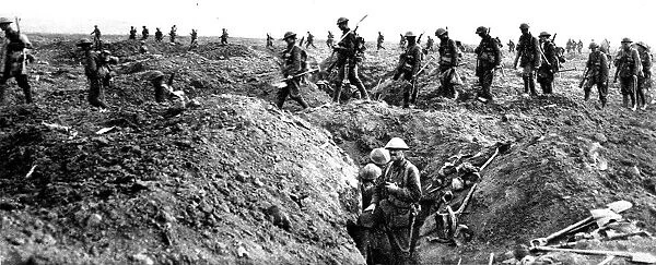 British soldiers crossing a captured German trench