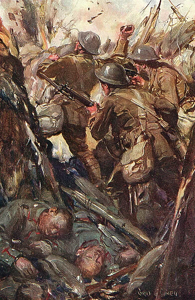 British soldiers take an enemy trench, WWI by Cyrus Cuneo