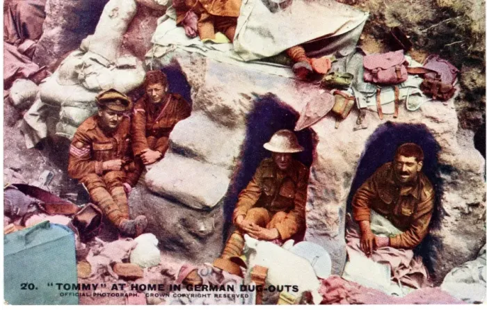 Framed Print : British soldiers in German dugouts, WW1 Framed Print : British soldiers in German dugouts, WW1