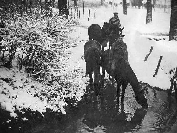 British soldiers on horseback in snow, Western Front, WW1