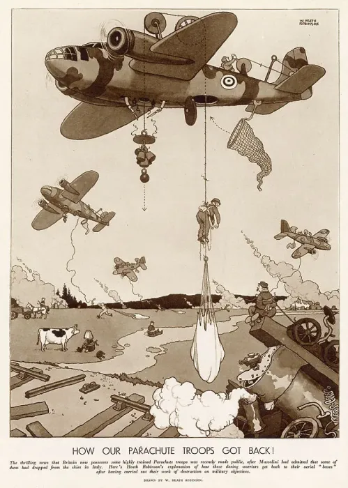 Framed Print : British soldiers had landed in Italy by parachute, here is an illustration by William Heath Robinson showing how they returned! Date: 1941 Framed Print : British soldiers had landed in Italy by parachute, here is an illustration by William Heath Robinson showing how they returned! Date: 1941