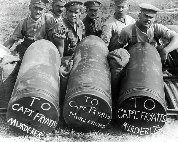 British soldiers with three large shells, WW1