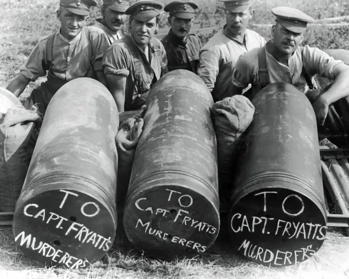 Framed Print : British soldiers with three large shells, WW1 Framed Print : British soldiers with three large shells, WW1