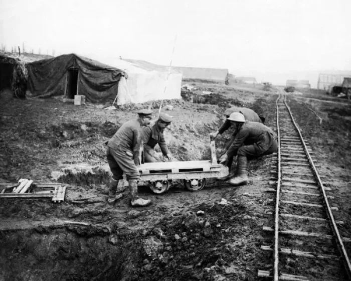 Framed Print : British soldiers and light railway, Western Front, WW1 Framed Print : British soldiers and light railway, Western Front, WW1