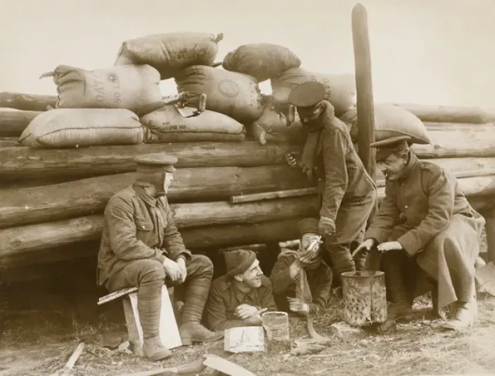 Framed Print : British soldiers resting behind a barricade on Continent Framed Print : British soldiers resting behind a barricade on Continent
