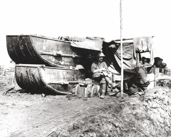 Framed Print : British soldiers sheltering under pontoons, WW1 Framed Print : British soldiers sheltering under pontoons, WW1