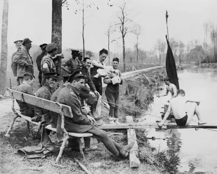 Framed Print : British soldiers swimming during a break, WW1 Framed Print : British soldiers swimming during a break, WW1