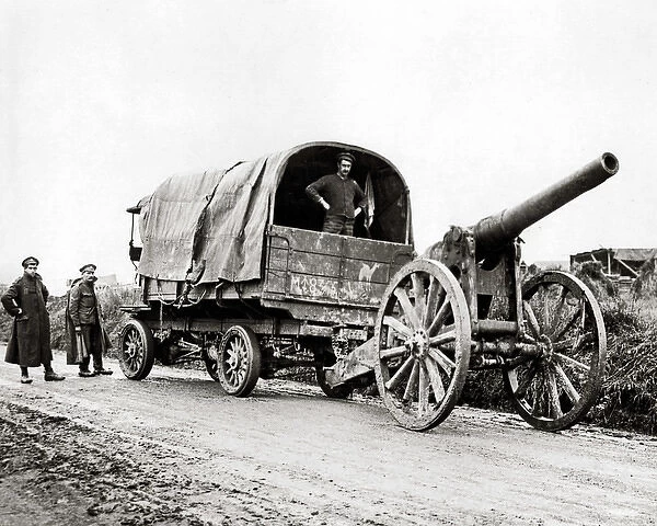 British soldiers towing captured German gun, WW1