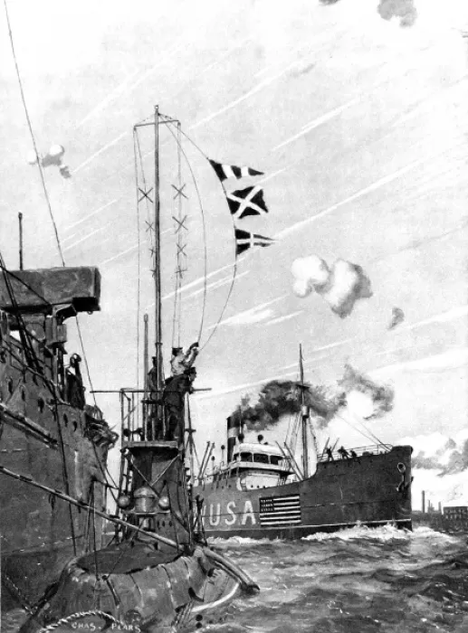 Framed Print : A British submarine signalling an American vessel Framed Print : A British submarine signalling an American vessel