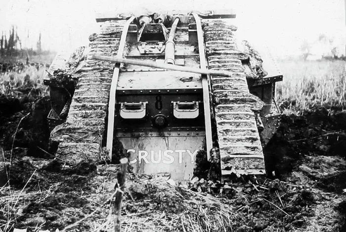 Framed Print : A British tank going through shell holes during WW1 Framed Print : A British tank going through shell holes during WW1
