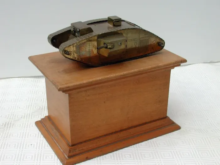 Framed Print : British tank of Great War, mounted on polished oak plinth Framed Print : British tank of Great War, mounted on polished oak plinth