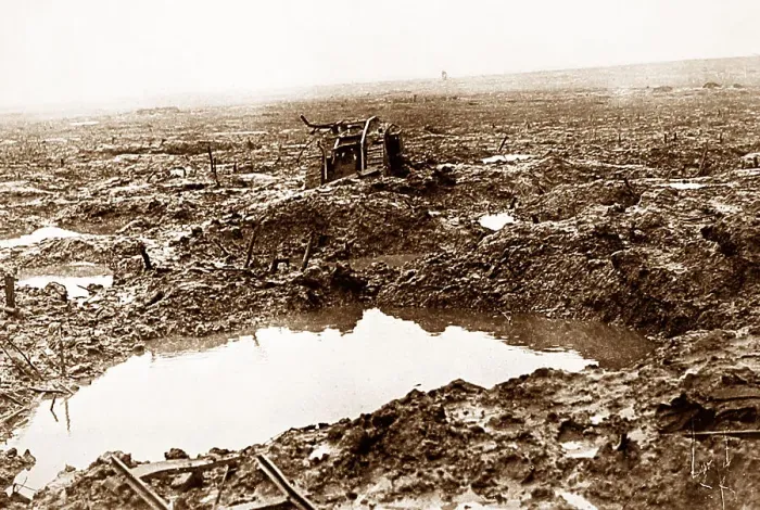 Framed Print : A British tank in mud and shell holes during WW1 Framed Print : A British tank in mud and shell holes during WW1