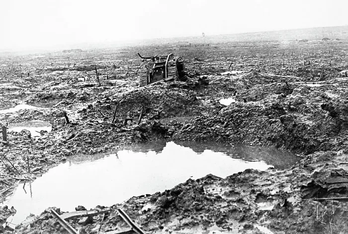 Framed Print : A British tank in mud and shell holes during WW1 Framed Print : A British tank in mud and shell holes during WW1
