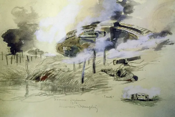 Framed Print : British tanks attacking, Somme, September 1916 Framed Print : British tanks attacking, Somme, September 1916