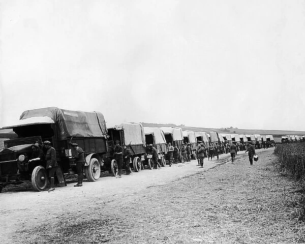 British transport halted on a road, Western Front, WW1