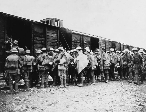 British troops boarding a train, Western Front, WW1