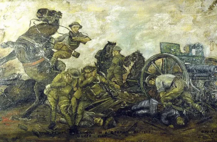 Framed Print : British troops bringing in a German battery under fire, WW1 Framed Print : British troops bringing in a German battery under fire, WW1