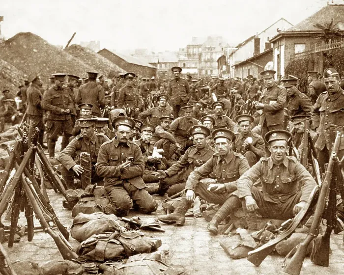 Framed Print : British Troops resting in a French Village in WW1 Framed Print : British Troops resting in a French Village in WW1