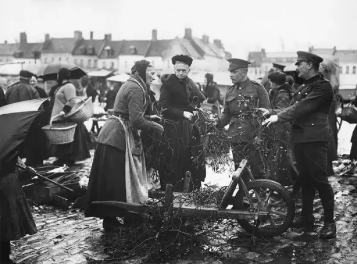 Framed Print : British troops in street market at Bailleul, France, WW1 Framed Print : British troops in street market at Bailleul, France, WW1
