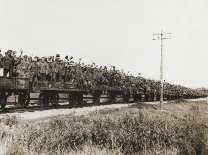 Framed Print : British troops waving from a train, Western Front, WW1 Framed Print : British troops waving from a train, Western Front, WW1
