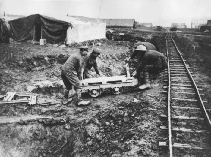Framed Print : British troops working on light railway, WW1 Framed Print : British troops working on light railway, WW1