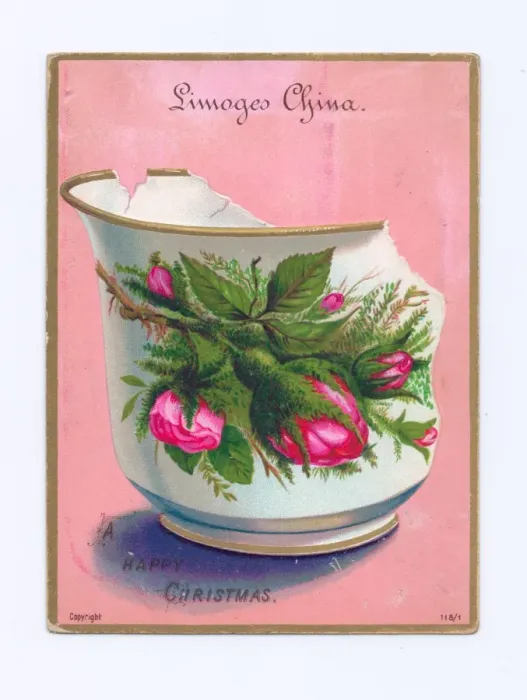 Framed Print : Broken Limoges China cup on a Christmas postcard Framed Print : Broken Limoges China cup on a Christmas postcard