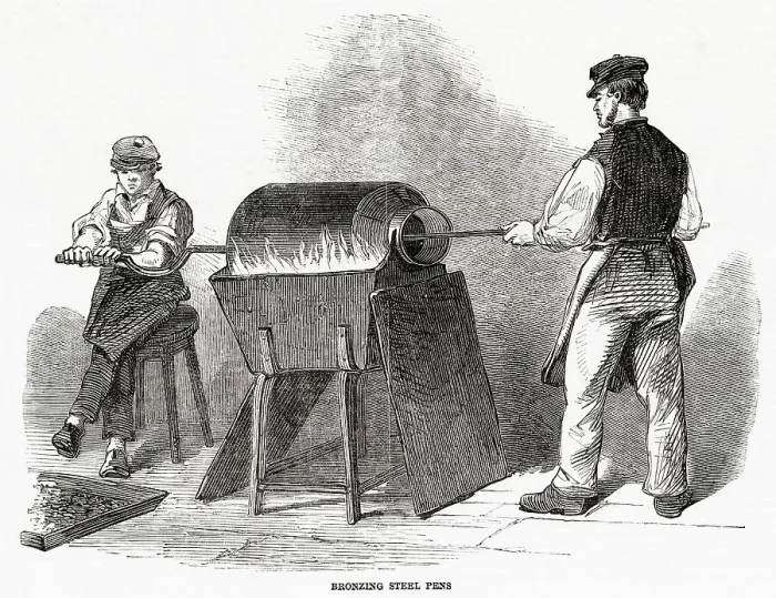 Framed Print : Bronzing steel pens, at Messrs Hinks, Wells and Co. in Birmingham. Date: 1851 Framed Print : Bronzing steel pens, at Messrs Hinks, Wells and Co. in Birmingham. Date: 1851