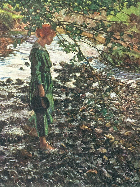 The Brook. A painting of a barefooted woman in a green outfit