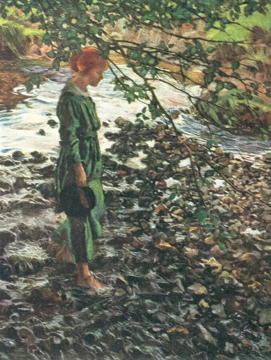 Framed Print : The Brook. A painting of a barefooted woman in a green outfit Framed Print : The Brook. A painting of a barefooted woman in a green outfit