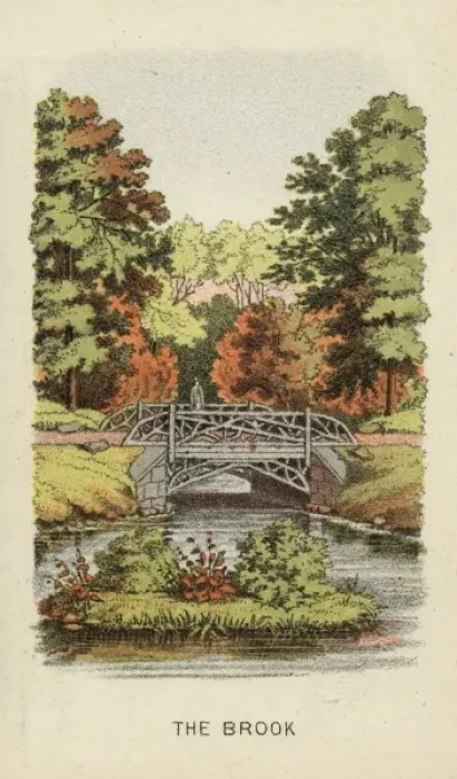 Framed Print : The brook. Print shows a view of stream with a small island in the foreground Framed Print : The brook. Print shows a view of stream with a small island in the foreground