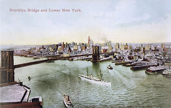 Brooklyn Bridge over Lower New York City, USA