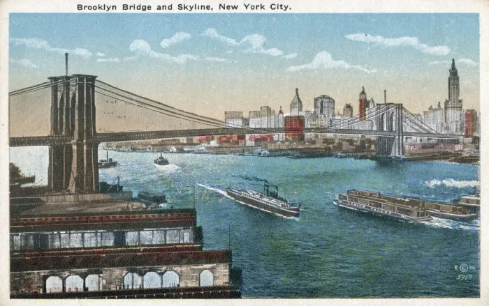 Framed Print : Brooklyn Bridge and Skyline - New York City, USA. Date: circa 1920 Framed Print : Brooklyn Bridge and Skyline - New York City, USA. Date: circa 1920