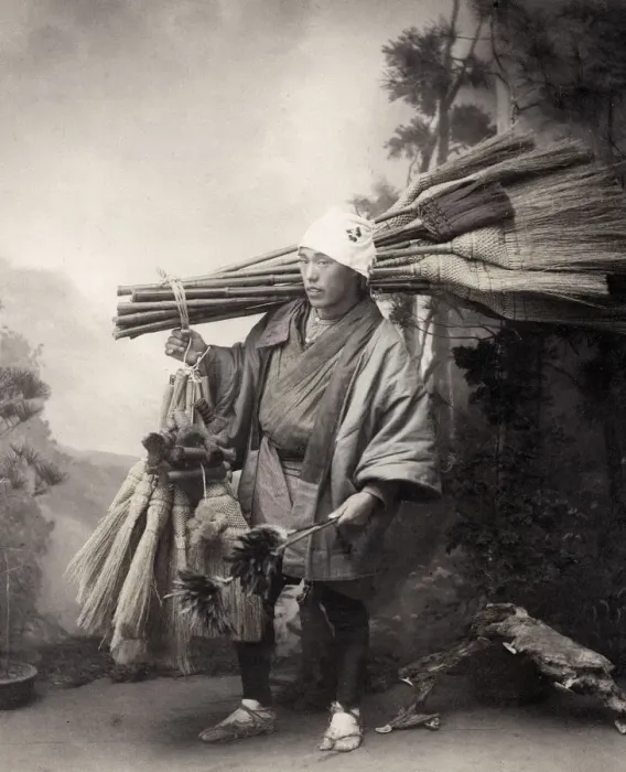 Framed Print : Broom and feather duster seller, Japan Framed Print : Broom and feather duster seller, Japan