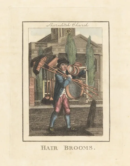 Framed Print : Broom seller in front of Shoreditch Church, London, 1805 Framed Print : Broom seller in front of Shoreditch Church, London, 1805