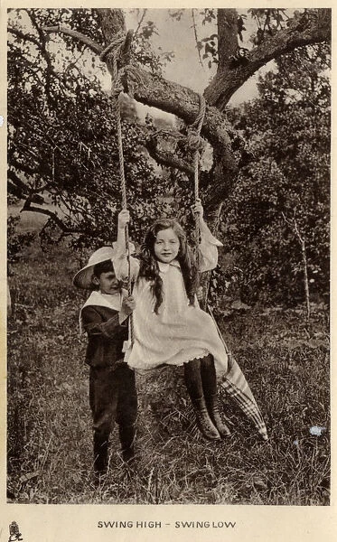 Brother and Sister playing on a swing