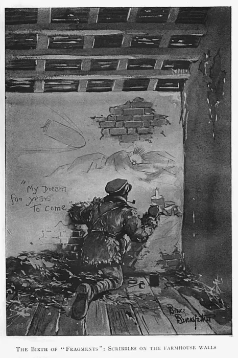 Framed Print : Bruce Bairnsfather drawing on a farmhouse wall in France, WW1 Framed Print : Bruce Bairnsfather drawing on a farmhouse wall in France, WW1