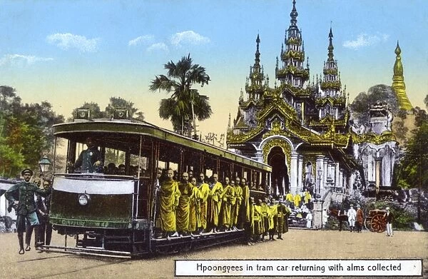 Buddhist Monks take the tram home from the Shwedagon Pagoda