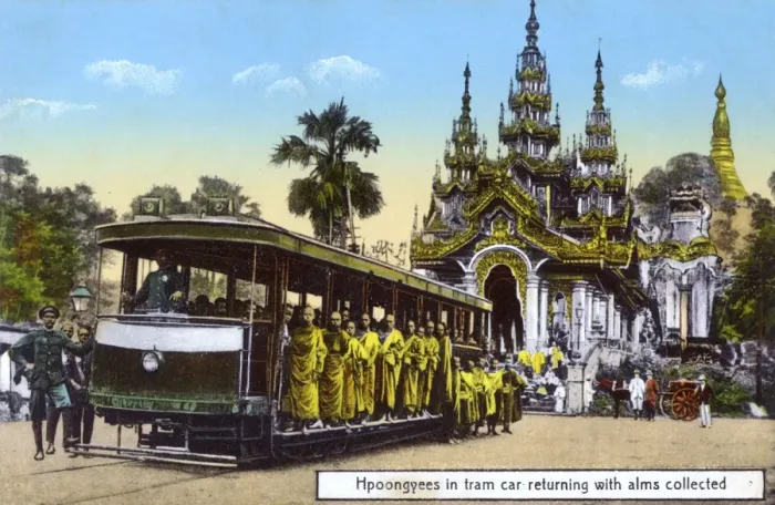 Framed Print : Buddhist Monks take the tram home from the Shwedagon Pagoda Framed Print : Buddhist Monks take the tram home from the Shwedagon Pagoda