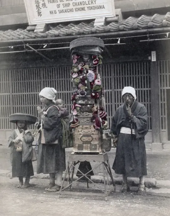 Framed Print : Buddhist pilgrims with portable altar, Japan, c. 1880 s Framed Print : Buddhist pilgrims with portable altar, Japan, c. 1880 s