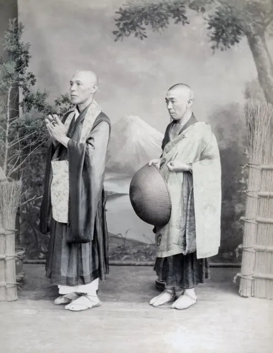 Framed Print : Buddhist pilgrims, studio setting, Japan, c. 1880 s Framed Print : Buddhist pilgrims, studio setting, Japan, c. 1880 s